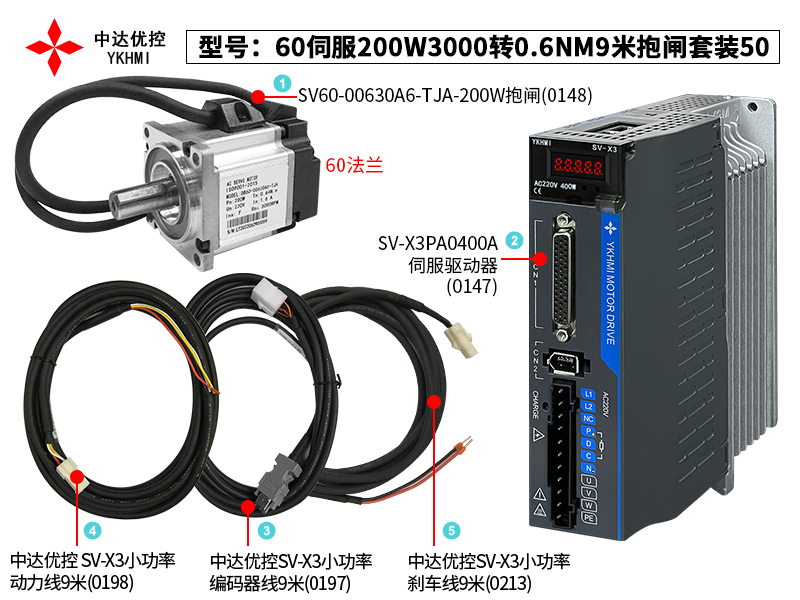 60伺服200W3000转0.6NM9米抱闸套装50(0215)